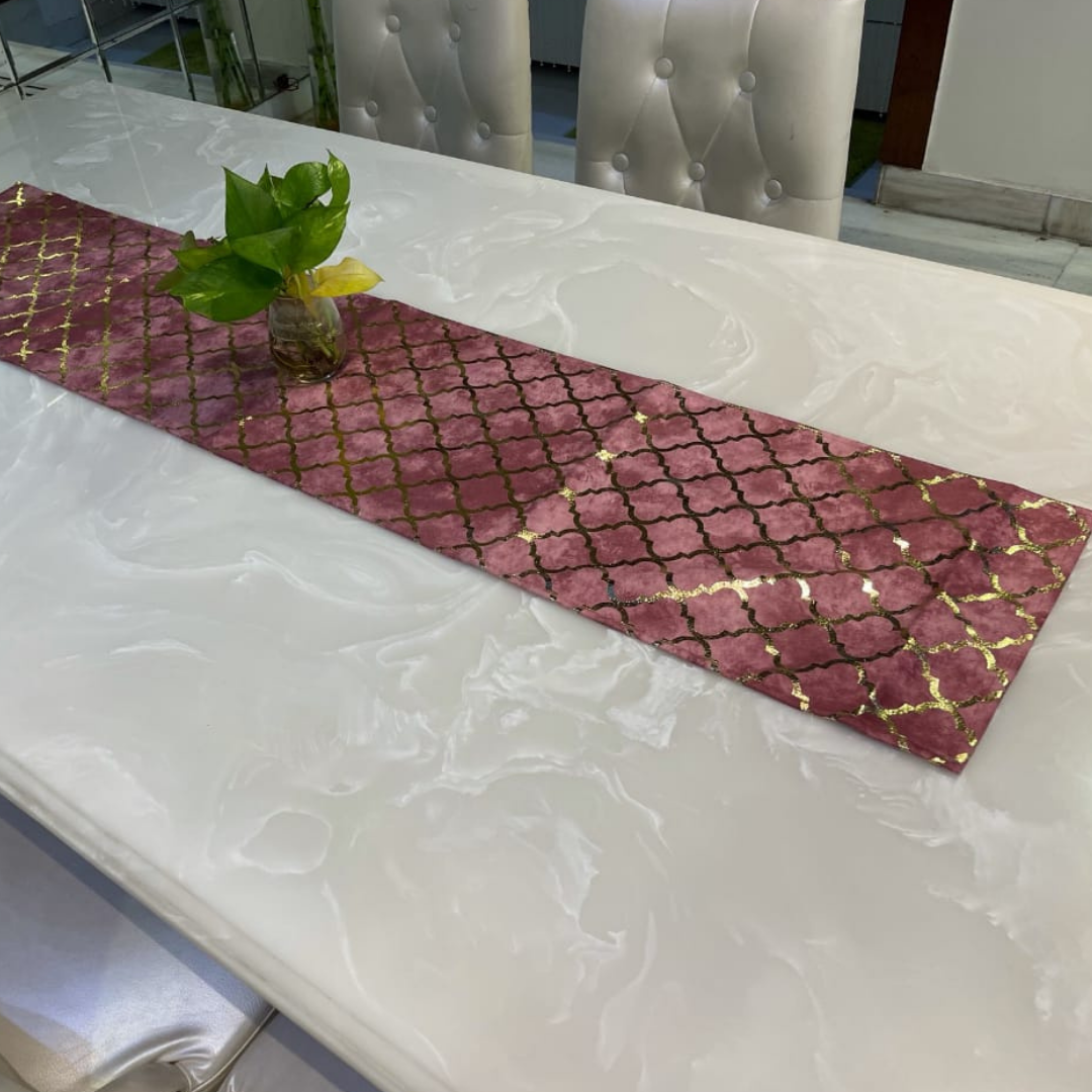 loomsmith-gold-foil-table-runner-velvet-fabric-moroccan-lattice-design-in-pink-color-gold-foil-design-traditional-elegant-look