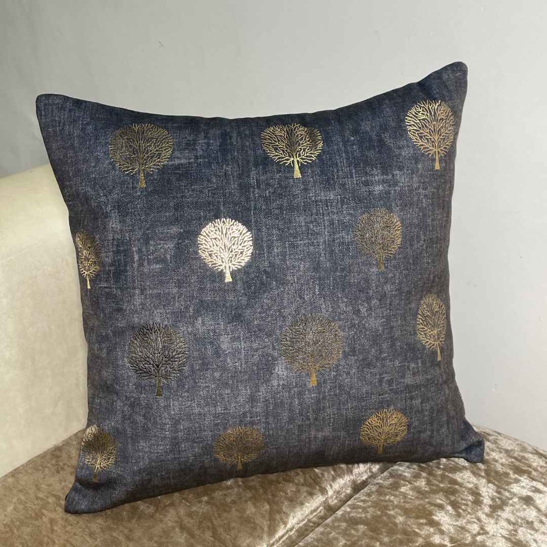 purplecushion cover in velvet fabric tree printed with foil material cushion placed on couch