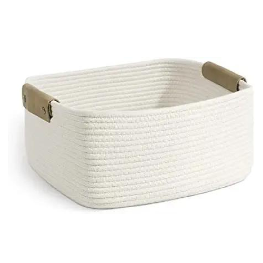 cotton basket in white color rectangular shape small decorative handles placed on white base