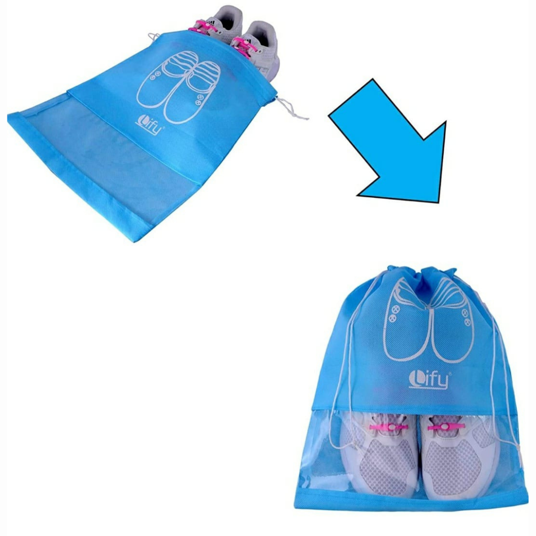 non-woven shoe storage bag with string closure can be used as traveling shoe cover easy to put on footwear with string bag