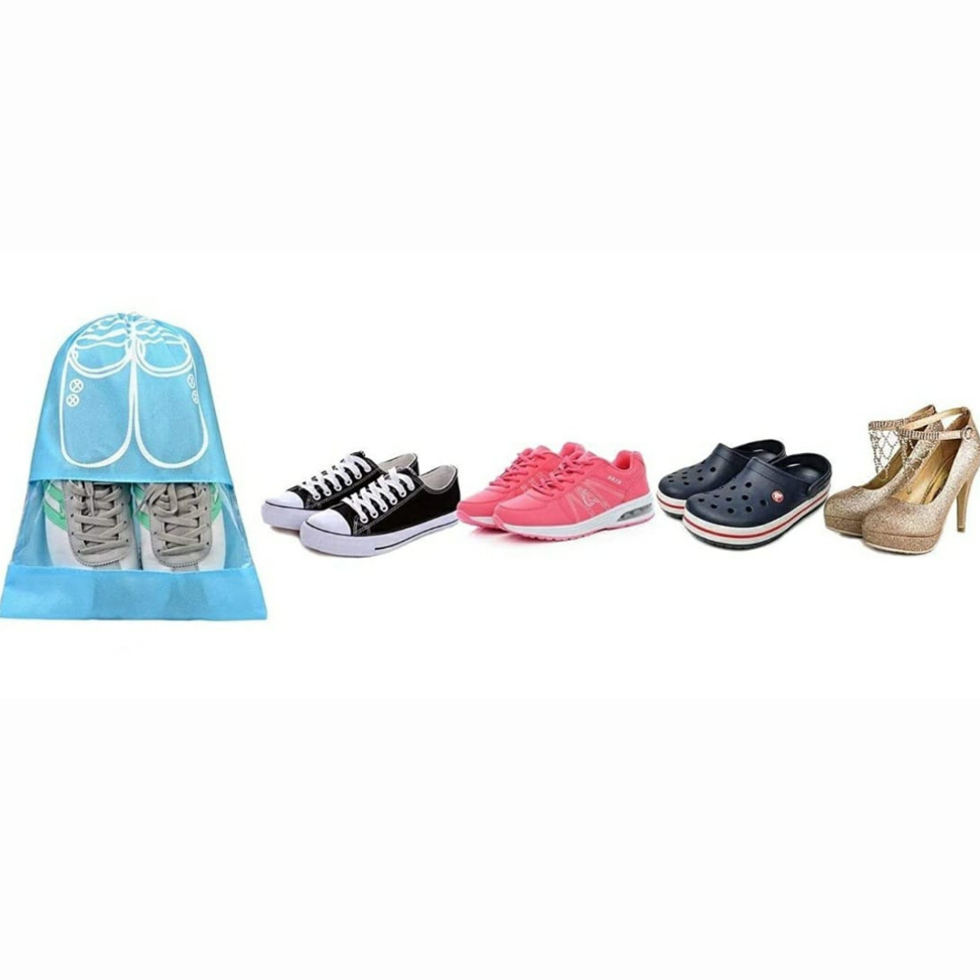 Shoe-bag-cover-in-sky-blue-set-of-six-with-string-closure-lying-on-the-wall-with-shoe-in-it-protect-from-dust-in-picture-four-types-of-footwear-placed