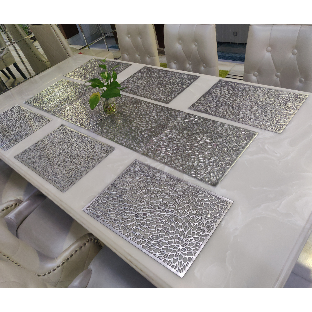 loomsmith-laser-cut-metallic-dining-set-for-six-seater-rectangular-placemats-with-one-runner-in-silver-color-flower-cut-design-for-home