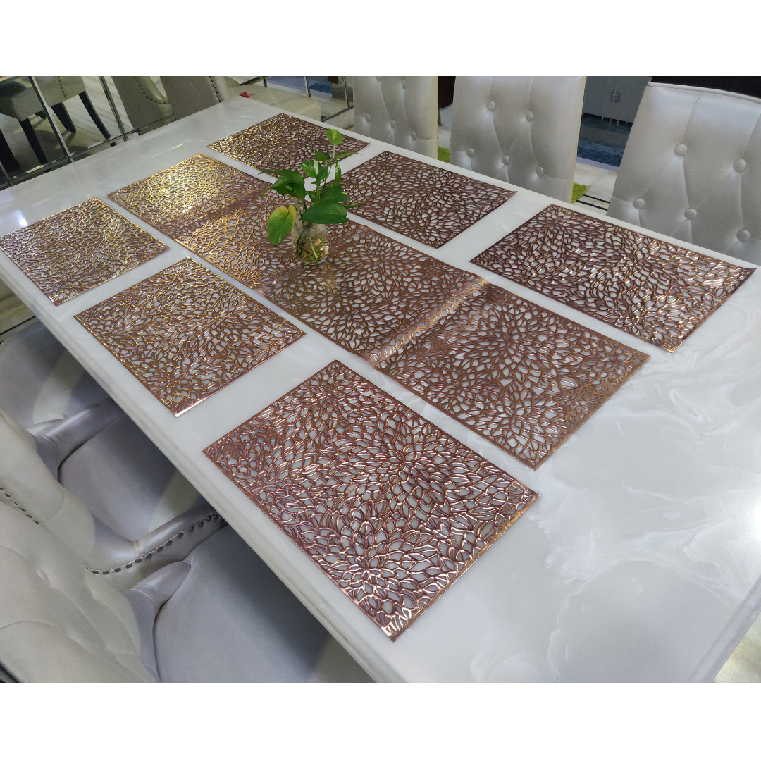 loomsmith-laser-cut-metallic-dining-set-for-six-seater-rectangular-placemats-with-one-runner-in-copper-color-flower-cut-design-for-home-decor