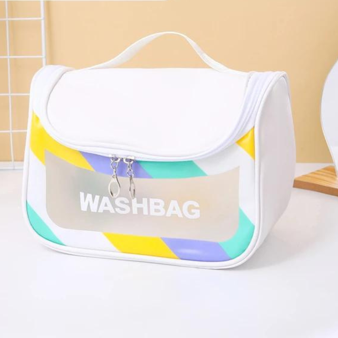 dual zipper white colour cosmetic storage bag with strong handle and transparent window placed on white table with beige background