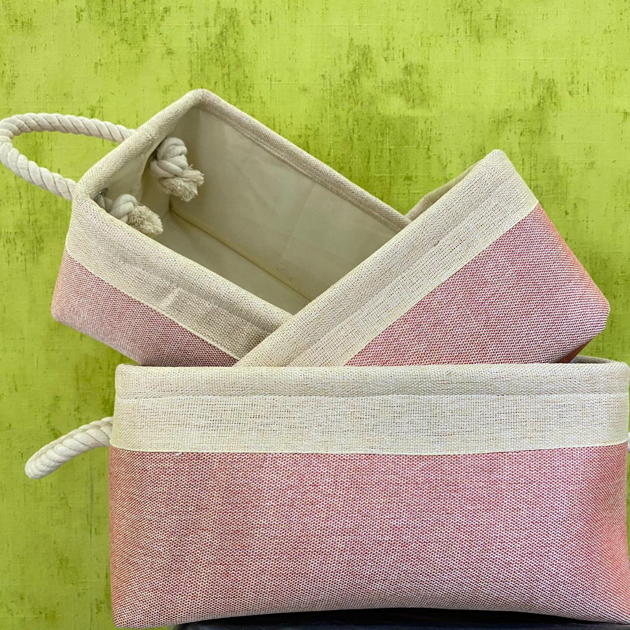 pink-beige-color-jute-storage-basket-with-drawstring-handle-in-three-sizes-rope-handle-to-store-purpose