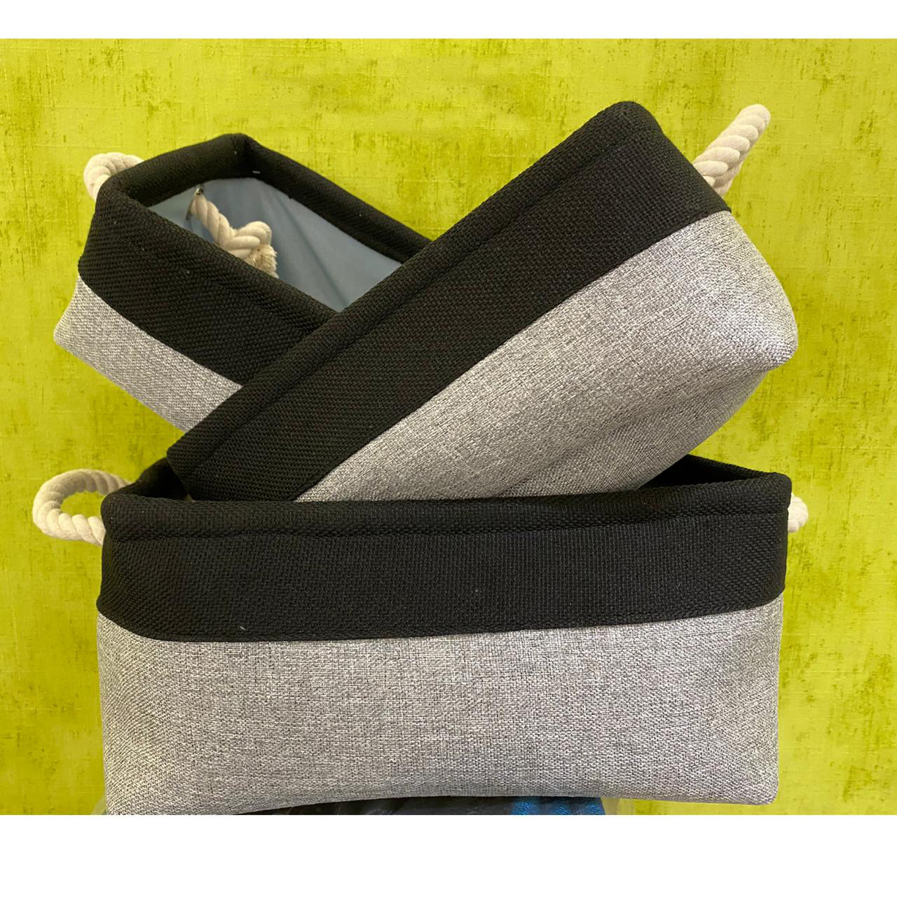 black-grey-color-Loomsmith-jute-storage-basket-with-drawstring-handle-in-three-sizes-rope-handle-to-store-purpose