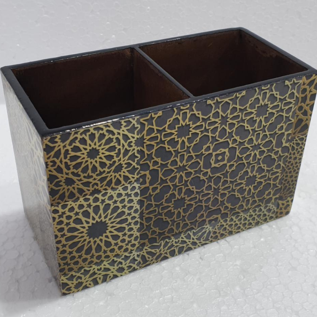 wooden-printed-cutlery-holder-dark-brown-colourwith-gold-flower-printed-pattern-lying-on-the-form-holder-have-two-block-storage