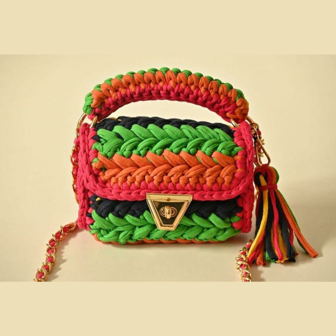 T-shirt Yarn Crocheted Loomsmith Handmade Crochet Bag, Size: 7.5 X 8 Inches  at Rs 750/piece in Panipat