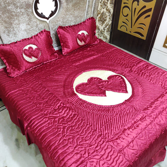 loomsmith-satin-quilted-wedding-bedsheet-in-king-size-maroon-color-with-two-pillow-covers-hearts-in-center-and-on-pillow-cover