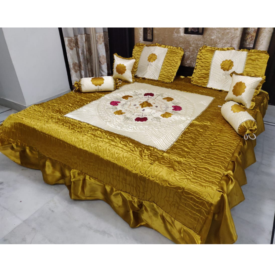 loomsmith-embroidery-satin-bedsheet-set-of-seven-filled-cushions-and-bolsters-frilled-design-gold-color