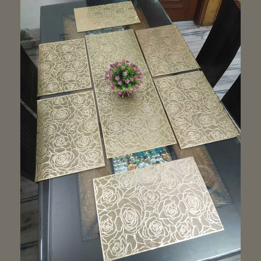 pvc material table mats and runner combo in rose design rectangular shape laser cut metallic look dining table set placed on wooden glass dining table set of 6