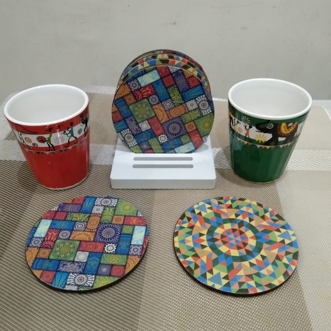 loomsmith-reversible-circular-wooden-coaster-geometric-print-set-of-six-with-stand-placed-on-table-with-glasses-multi-color-color
