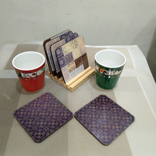 loomsmith-reversible-square-printed-wooden-coaster-set-of-six-with-wooden-stand-in-purple-color