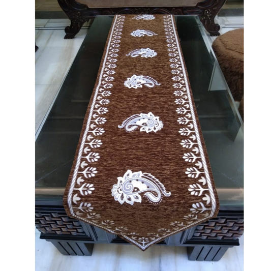 loomsmith-chenille-table-runner-floral-print-front-view-glass-table-brown-color