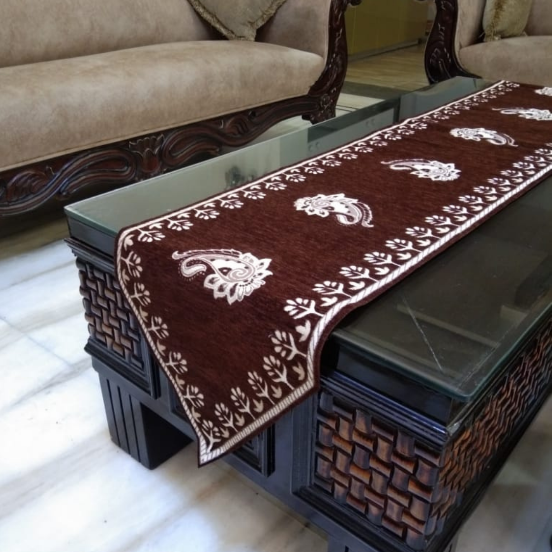 loomsmith-chenille-table-runner-floral-print-side-view-glass-table-coffee-color