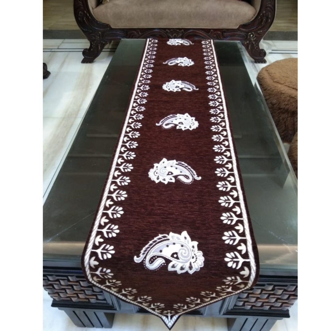 loomsmith-chenille-table-runner-floral-print-front-view-glass-table-coffee-color