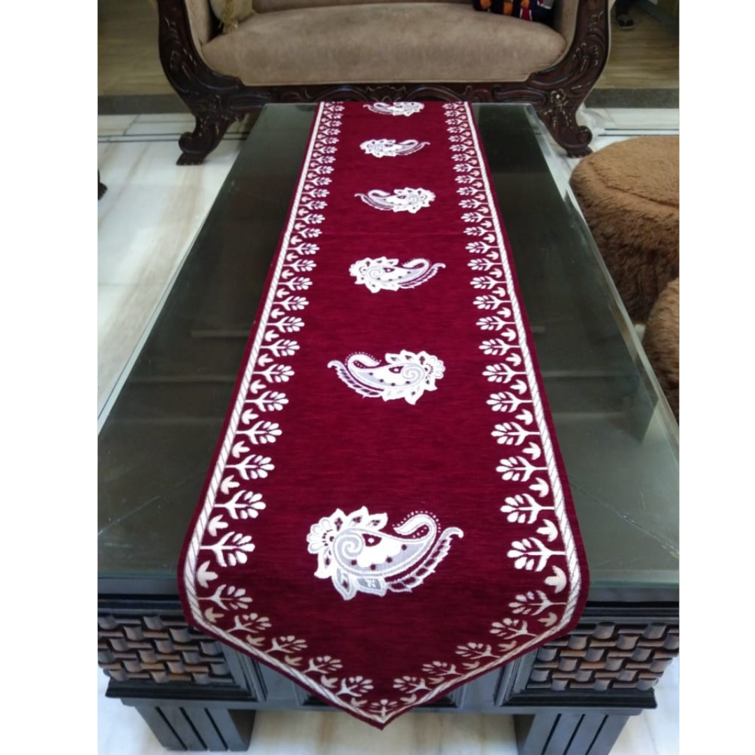 loomsmith-chenille-table-runner-floral-print-front-view-glass-table-maroon-color