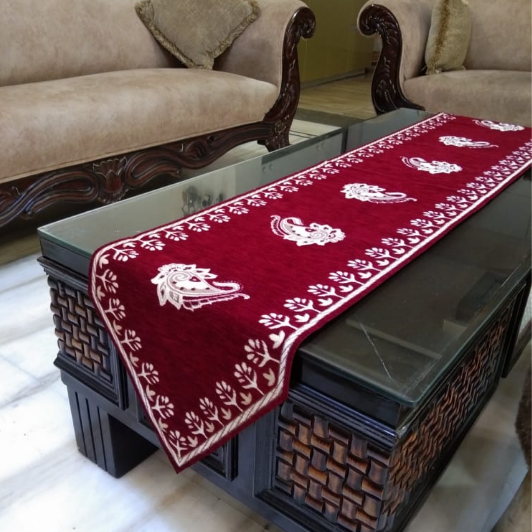 loomsmith-chenille-table-runner-floral-print-side-view-glass-table-maroon-color