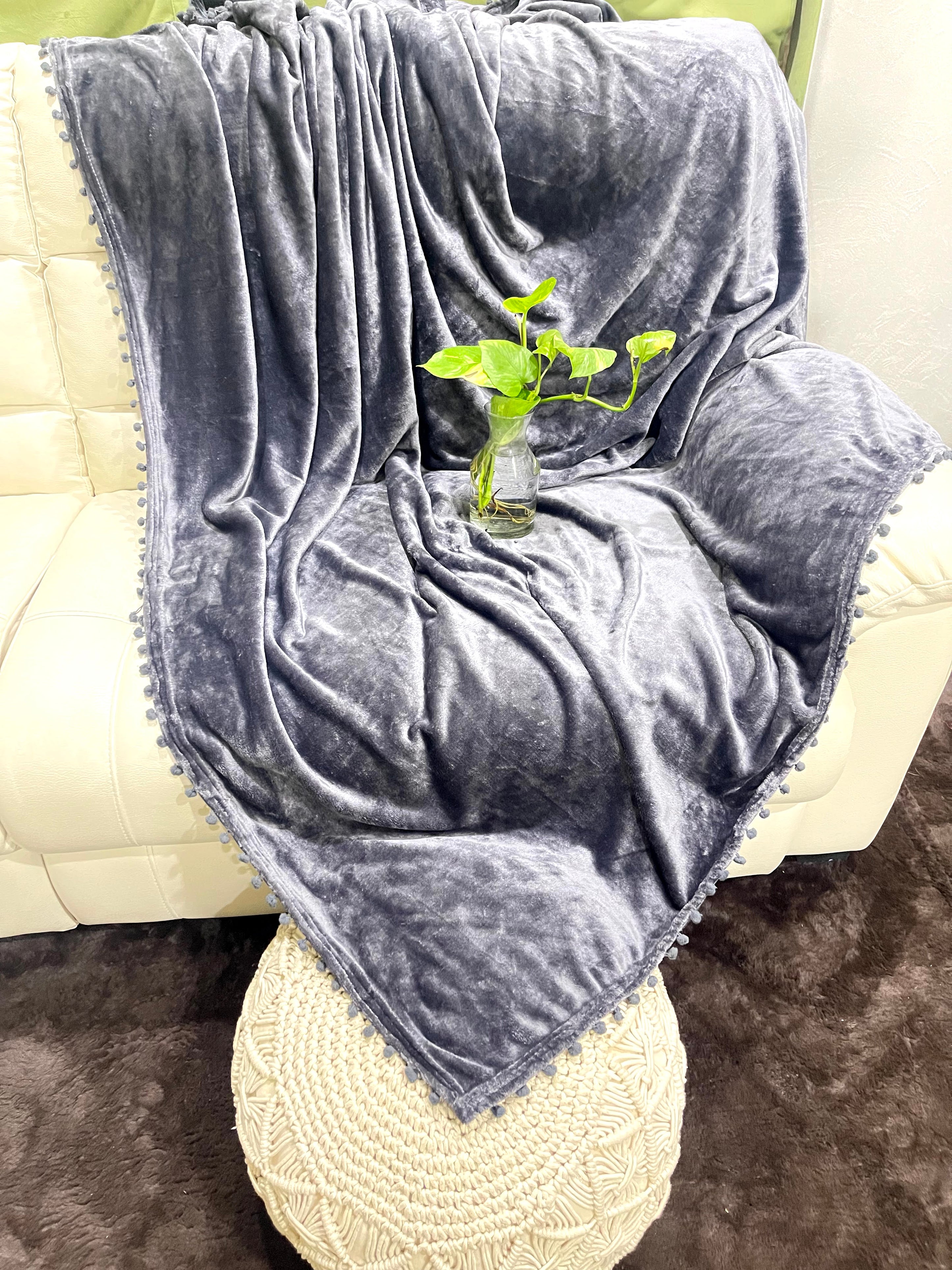 Buy Solid Flannel Pom Pom Double Bed Blanket Loomsmith