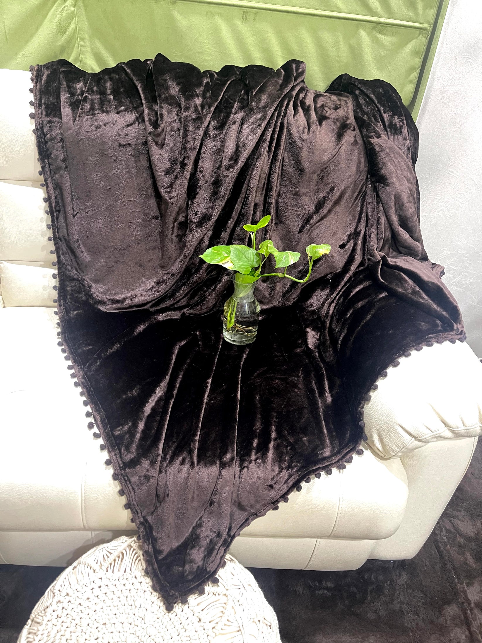 Buy Solid Flannel Pom Pom Double Bed Blanket Loomsmith