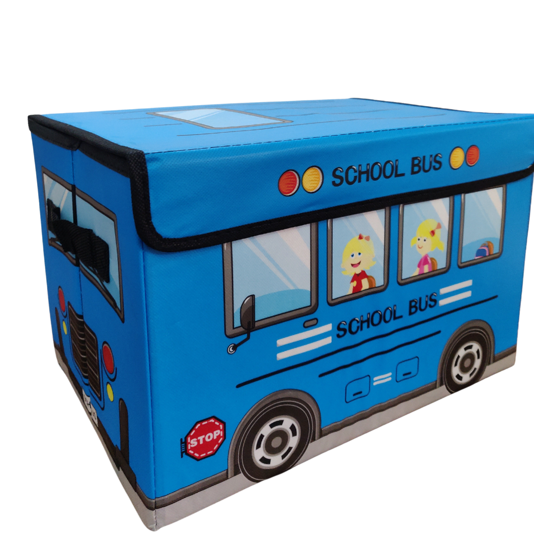 foldable multipurpose kids school bus shape storage box with lid in blue color