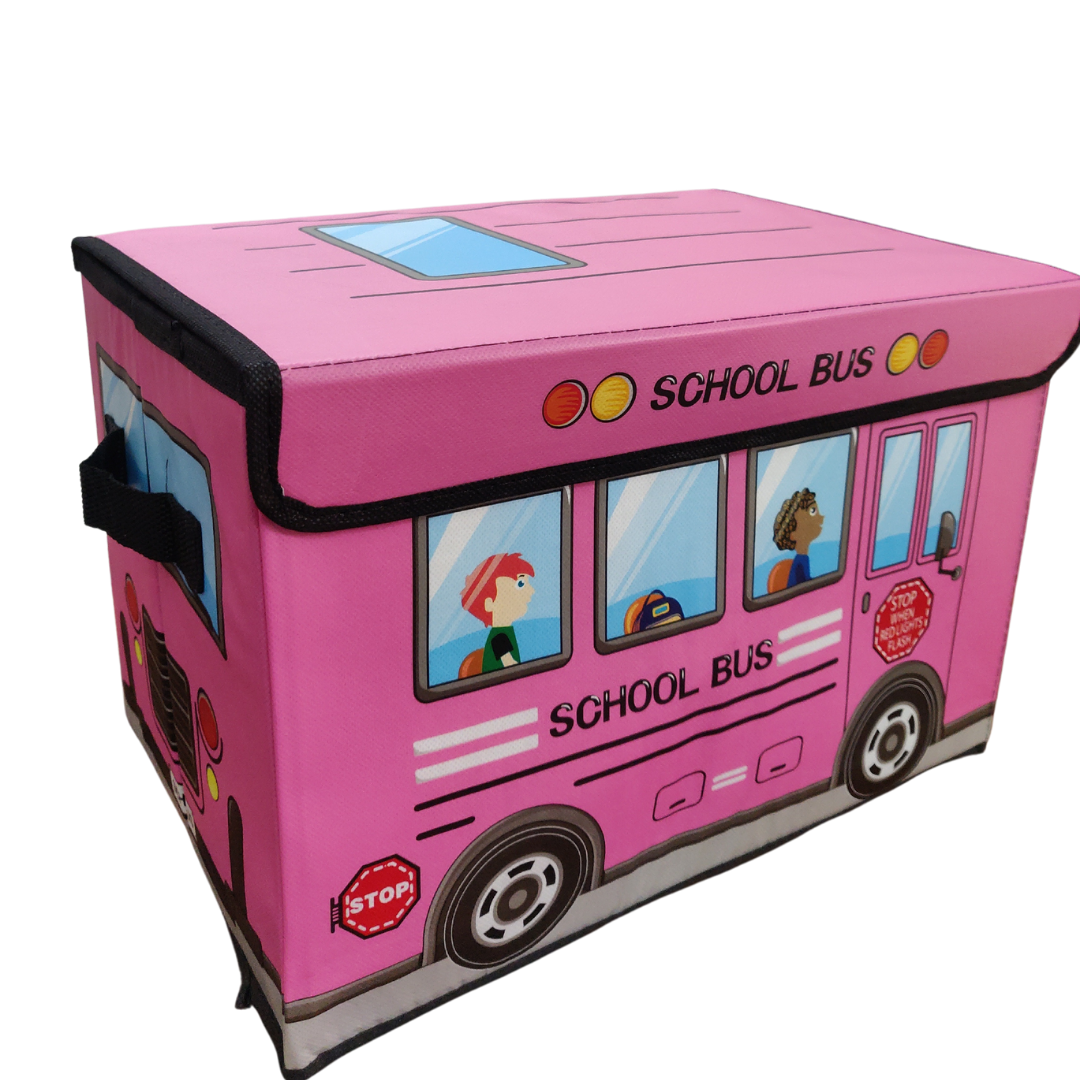 foldable multipurpose kids school bus shape storage box with lid in pink color
