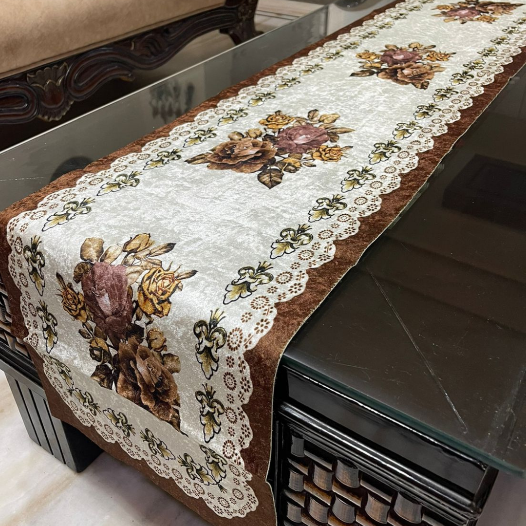 Loomsmith-velvet-printed-table-runner-dining-table-in-brown-color-floral-printed-border-design