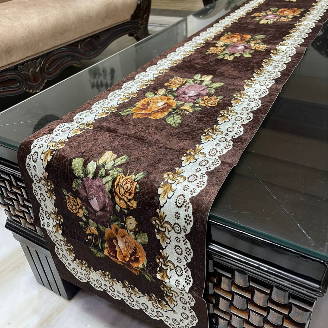Loomsmith-velvet-printed-table-runner-dining-table-in-all-over-brown-color-floral-printed-border-design