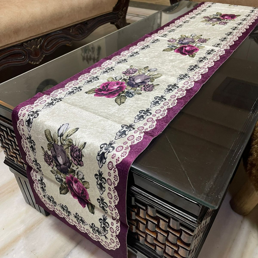 Loomsmith-velvet-printed-table-runner-dining-table-in-purple-color-floral-printed-border-design
